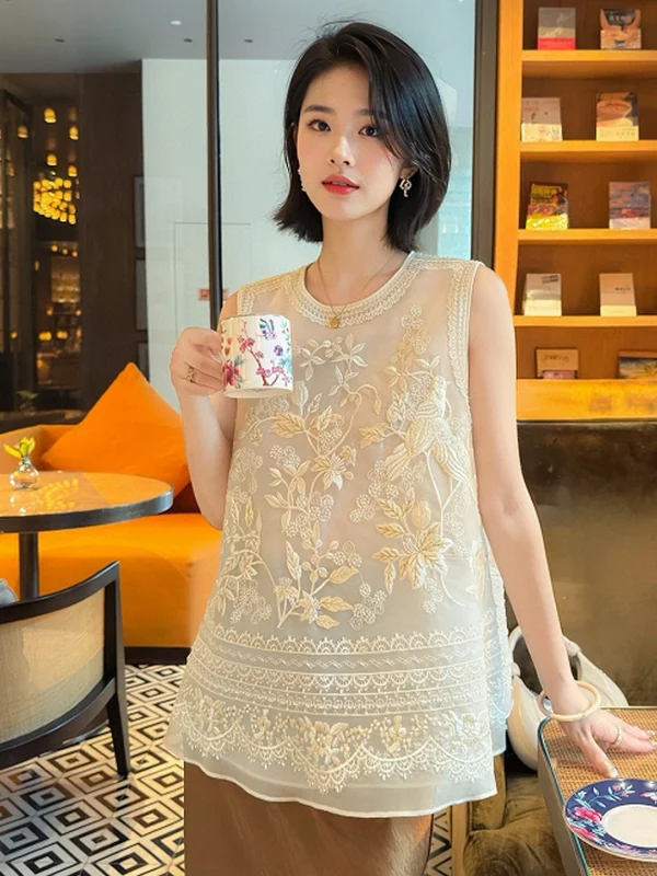 Nieuwe Chinese Sle Zijden Kant Borduren Top Svel Vintage Zomer irt Dun Materiaal Comfortabel om Casual Werkkleding te dragen