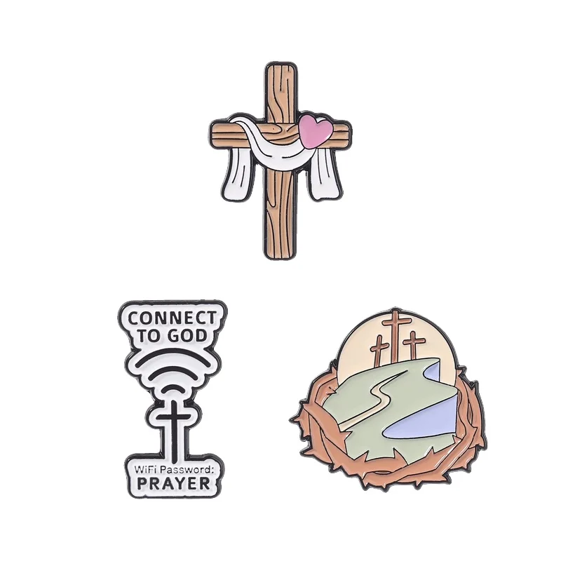 Broche émaillée Croix de la foi chrétienne pour la connexion à Dieu, design créatif, motif antenne WiFi et mot de passe, antenne de prière, bijou de revers