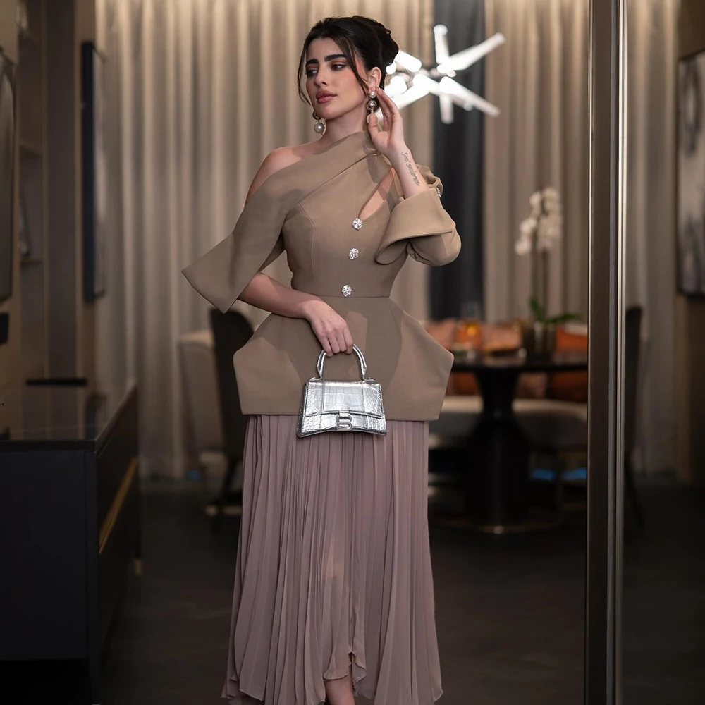 Customized One-Shoulder Brown Jersey A-line Evening Dress With Button Full Sleeves Party Dress Chiffon Ankle Length Prom Gown