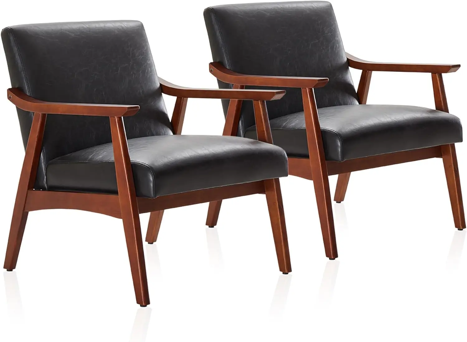 Mid-Century Modern Accent Chairs Set of 2, Upholstered Faux Leather Armchairs with Wooden Frame