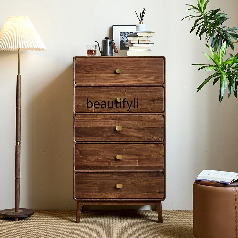 Black Walnut Solid Wood Chest of Drawers Home Floor Standing Storage Cabinet Living Room Table Storage Side Cabinet