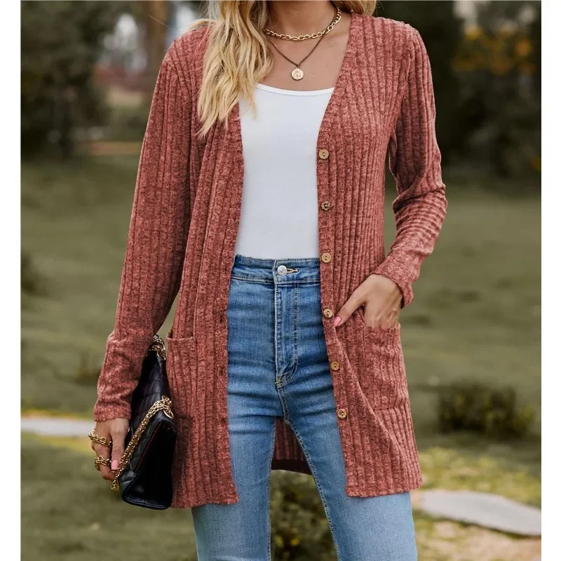 Autumn New Women\'s Milled Pit Stripe V-Neck Solid Colour Button Long Sleeve Ladies Casual Extensions Cardigan Jacket Coat