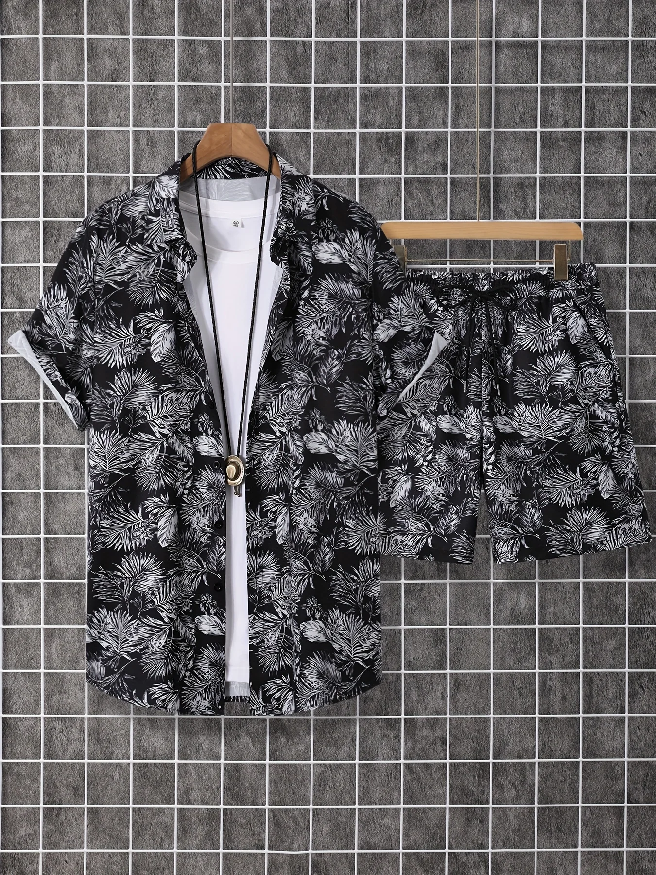 Hawaiian Shirt 3D Coconut Tree Print Short-Sleeve Shirt + Shorts Two-Piece Set Casual Beach Vacation Outfit Men's Clothing