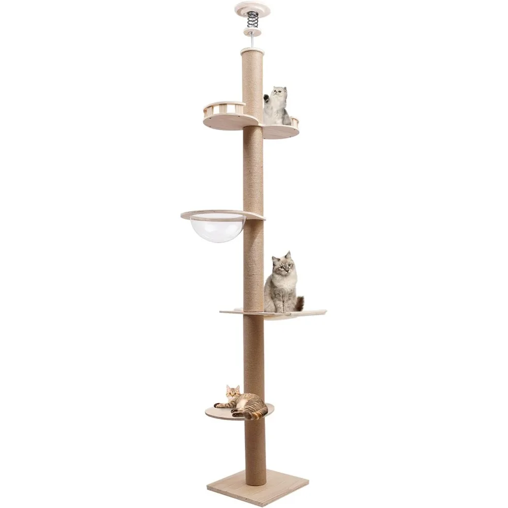 

100.4-104.3 Inches Cat Tree Floor to Ceiling Natural Sisal Rope Scratching Climbing Post Adjustable Cat Tree Cat Multi-Level Fur