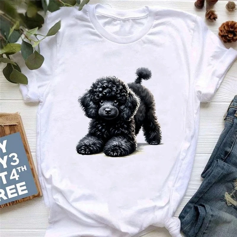 Black Poodle Puppy Animal Printed Tshirt Girls Kawaii Dog Lover T Shirt Women Harajuku Shirt Summer Fashion T-Shirt Female Y2K