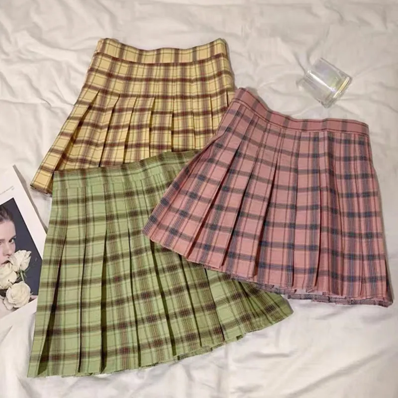 Candy Color Plaid Tennis Skirt for Women Soft Girl Check High Waist Pleated Mini Skirt Preppy Style Outfit