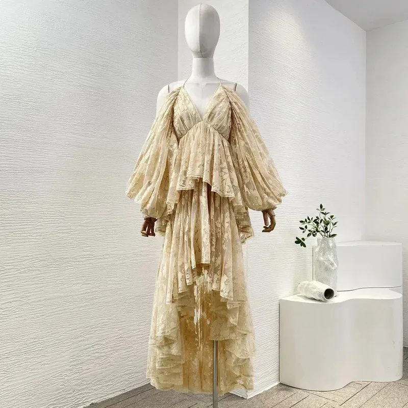 Robe dos nu plissée à ourlet irrégulier pour femmes, en dentelle Beige, Patchwork, épaules découpées, nouvelle collection 2025