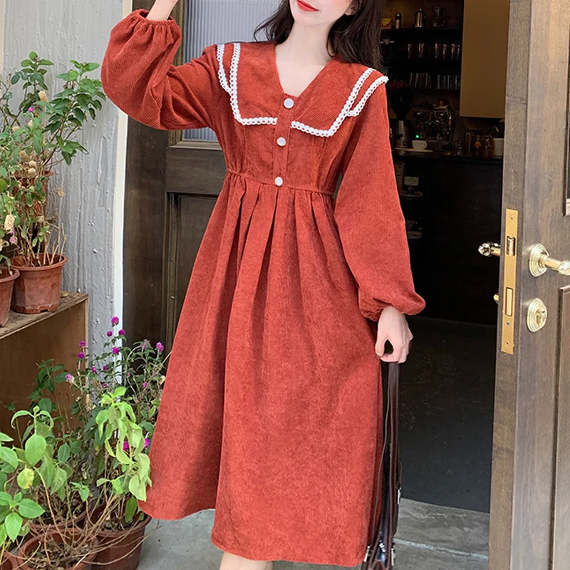 

2024 autumn red lantern sleeve corduroy maxi Dress korean button solid casual loose Ladies a-line bodycon dresses Women vestidos