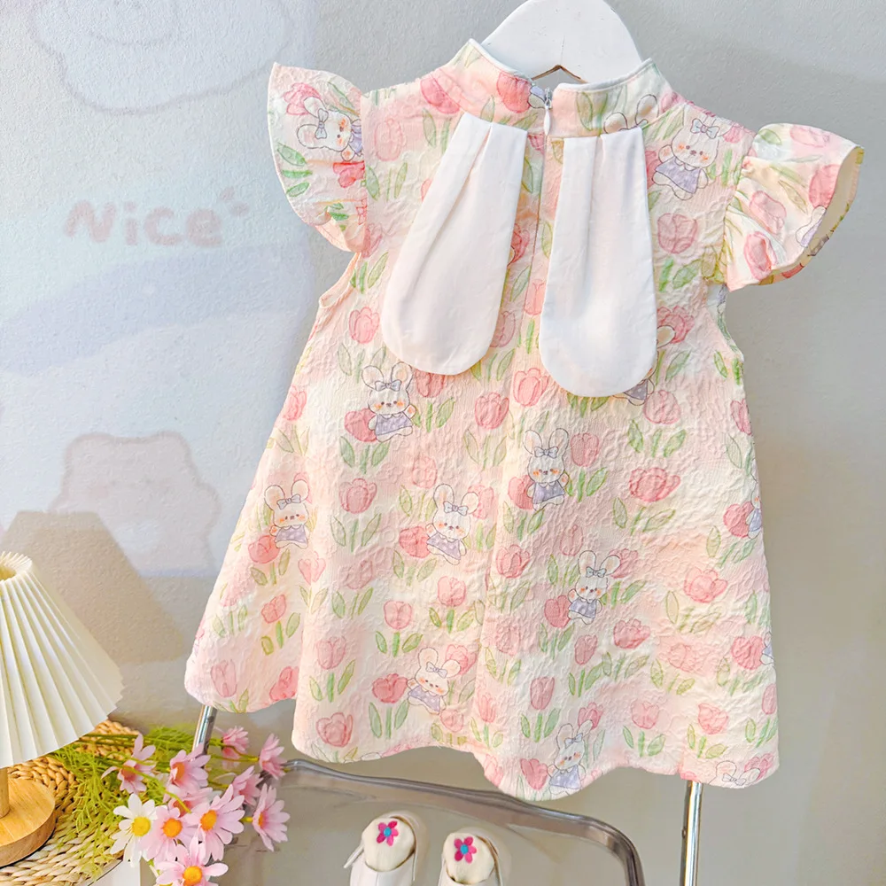 (0-3 Years Old) Summer Baby Girl Cute Tulip Bunny Flying Sleeve Qipao Dress For Girls Chinese Style Hanfu Dress