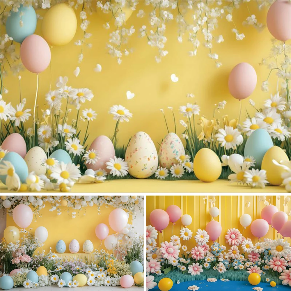 Happy Easter Eggs Backdrop Photography Baby Boy Girl 1st Birthday Spring Yellow Flower Wall Balloon Daisy Party Decor Background