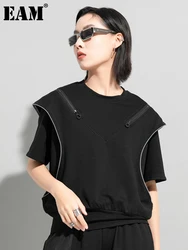 [EAM] Women Black Zipper Off Shoulder Big Size T-shirt New Round Neck Half Sleeve Fashion Tide Spring Summer 2024 1DD57710