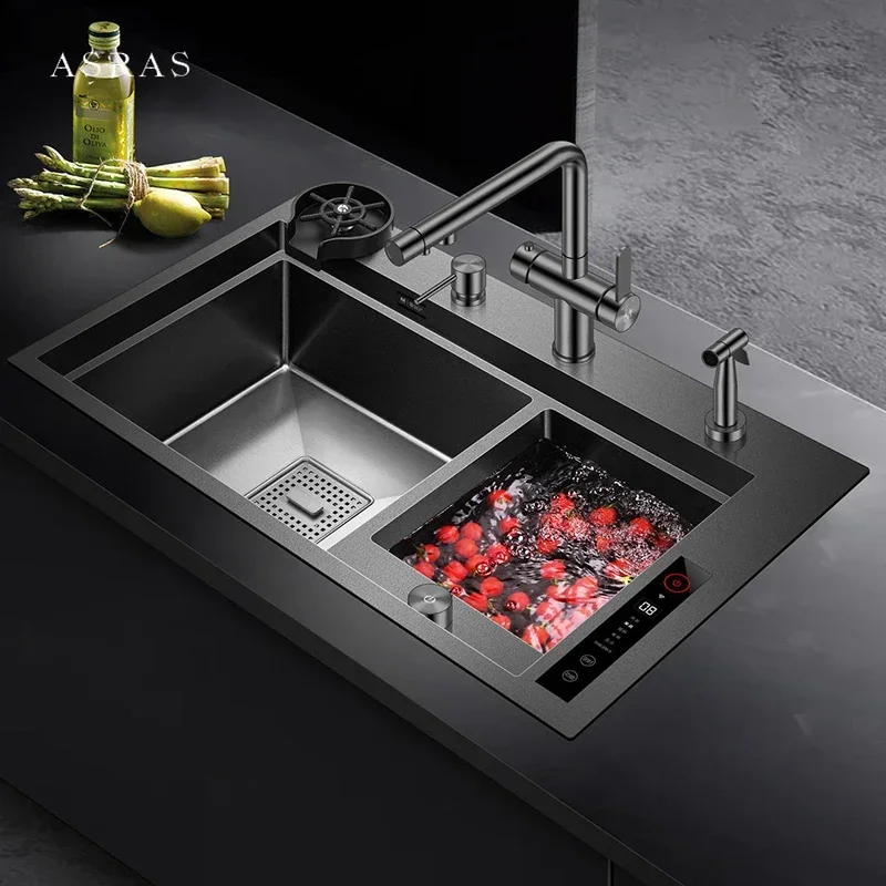 ASRAS Ultrasonic Smart Purifying Kitchen Island Sinks 4mm Panel Handmade Double Sink Nanometer Smart Purifying Sinks