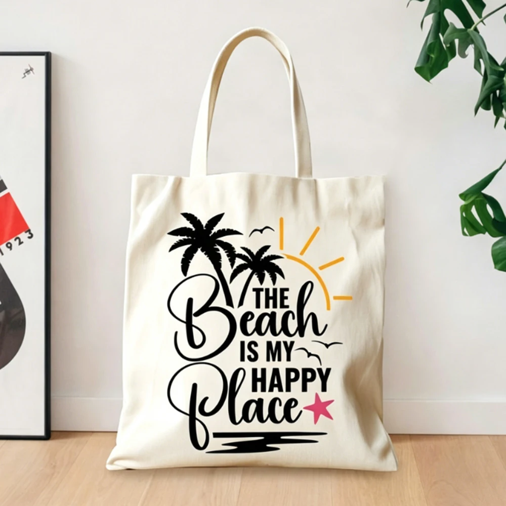 Personalized Coastal Handbag Cotton Canvas Shoulder Bag Custom Beach Is My Happy Place Printed Tote Bag For Travel Gift