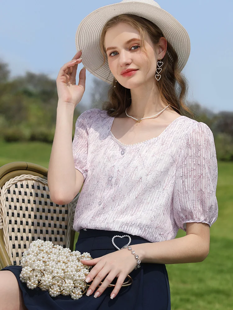 I BELIEVE YOU French Floral Chiffon Female Shirts & Blouses 2024 Summer New Square Collar Puff Sleeves Shirt Chic Top 2232205048