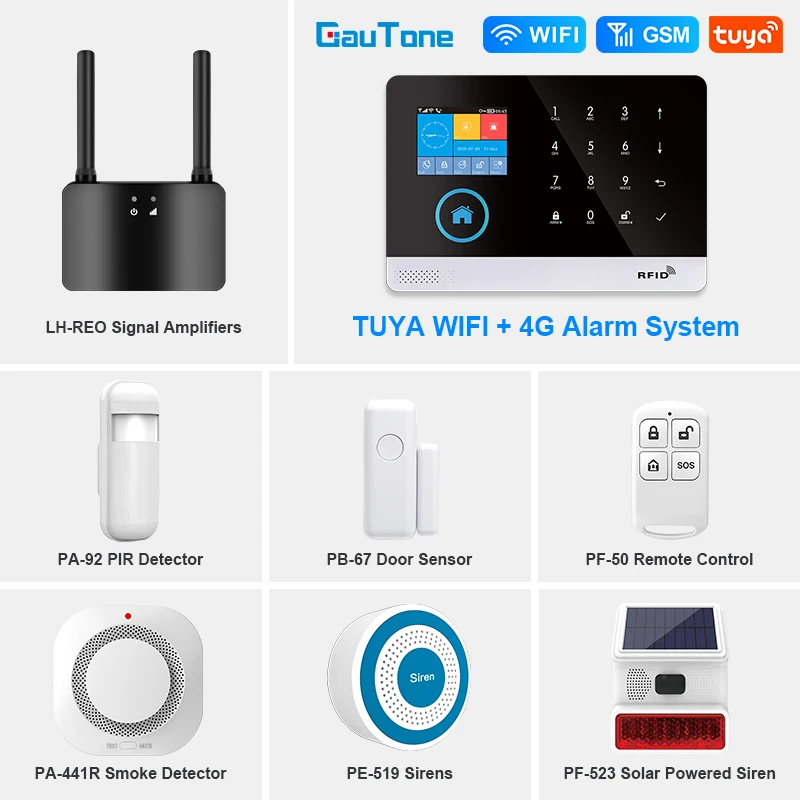 Gautone 4G Wifi Tuya Burglar Alarm System for Home WiFi Tuya Security Wireless Alarm with Door and Motion Sensor