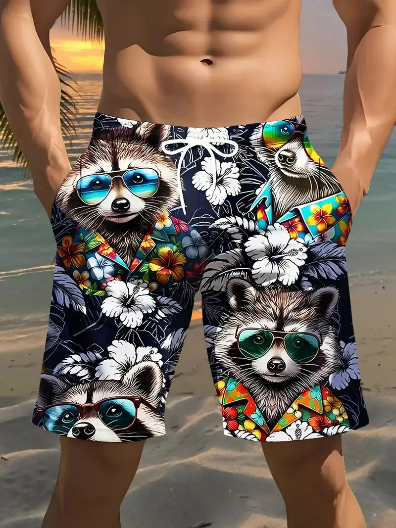 

3D Printed Beach Shorts For Men Funny Animal Raccoon Graphic Short Pants For Men Clothes Casual Hip Hop Trunks Kids Tops Trunks