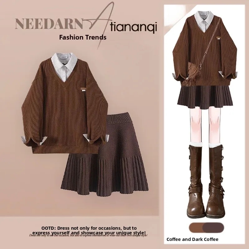 

Women's Knit Sweater And Short Skirt Set Vintage Splicing Design Autumn Fashion Casual Wear Two-Piece Suit by Tian an Qi