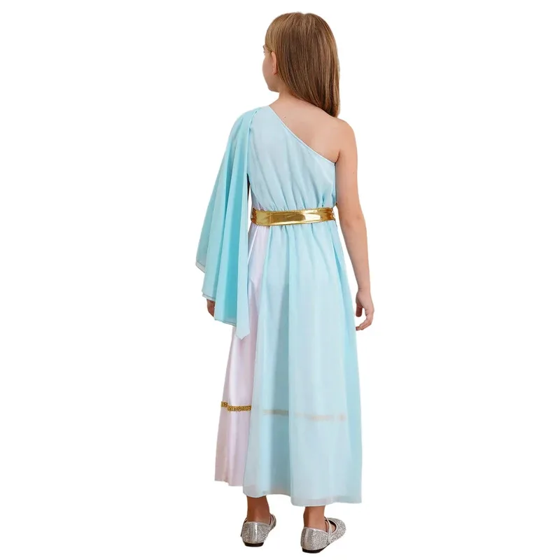 Costume cosplay per bambina, ninfa greca, toga, volant, monospalla, maxi vestito da ballo lirico, antico dio romano, per spettacolo scolastico