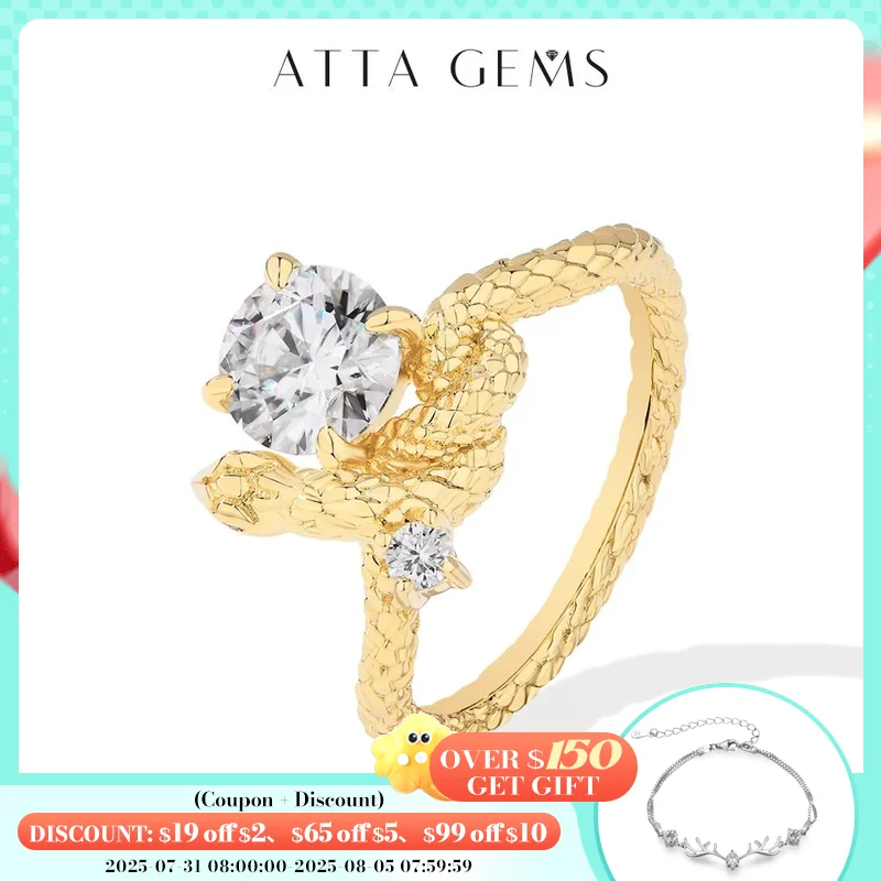 ATTAGEMS Original Snake Moissanite Rings Round Cut 1.2CT for Women Men S925 Silver 18K Gold Plated Engagement Party Jewelry Gift