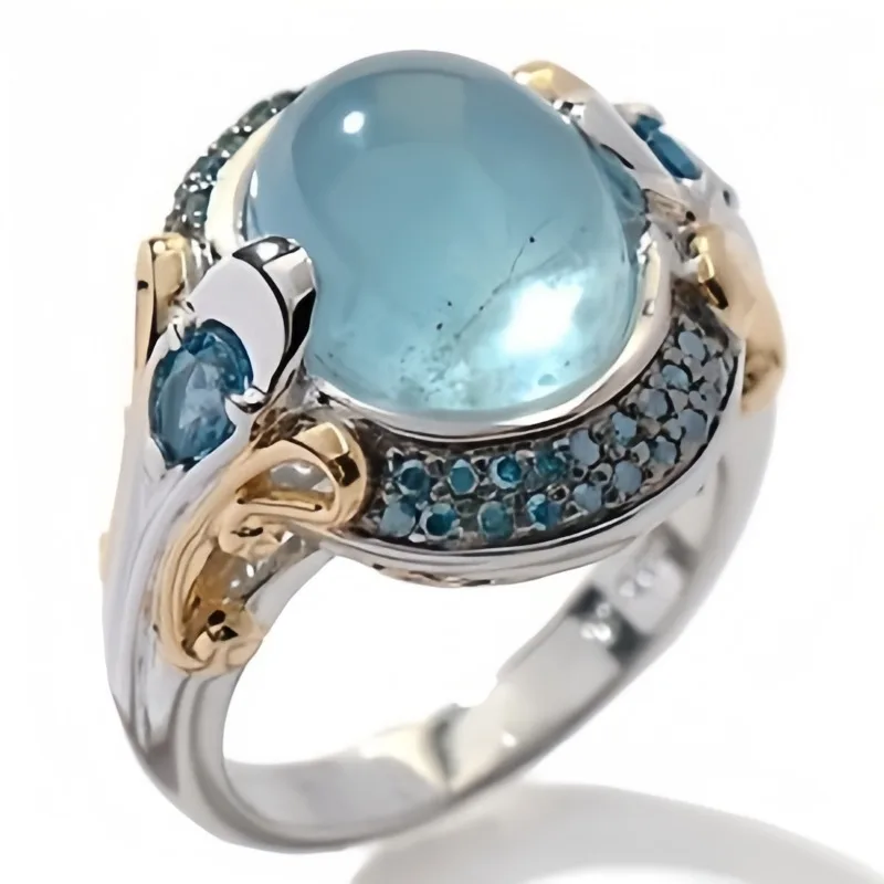 Vintage-Ring für Damen mit eingelegtem meerblauen Stein und CZ, schillernd, zweifarbig, handgeschnitzt, für den täglichen Gebrauch, Partyschmuck, Jubiläumsgeschenk
