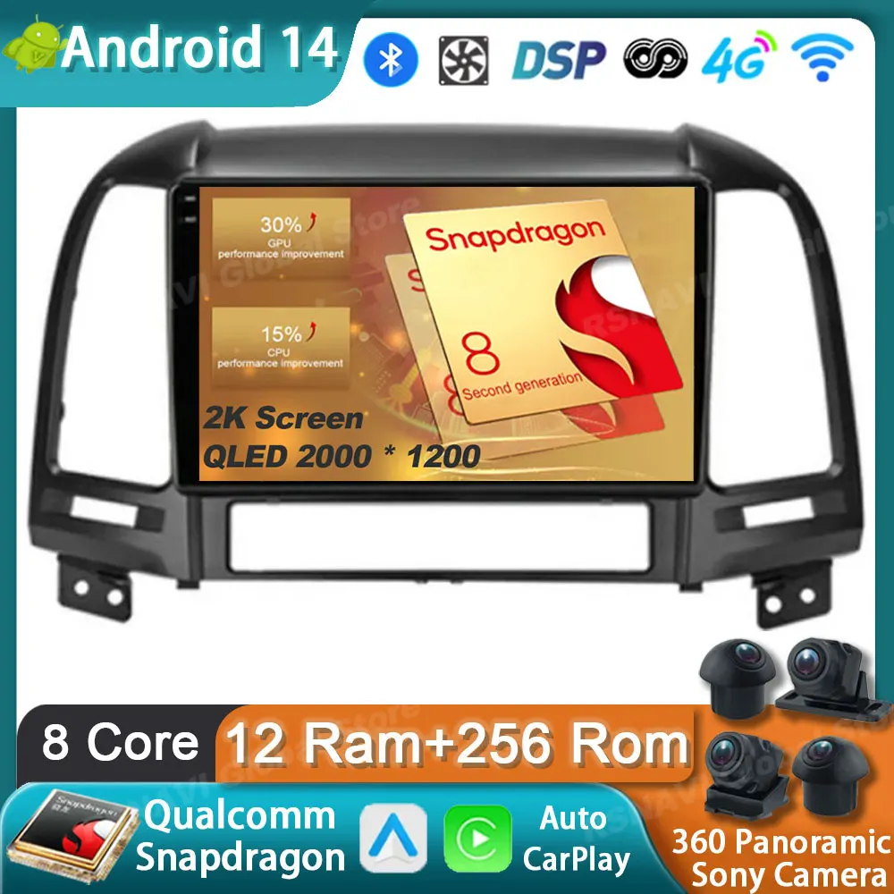 

Автомобильный радиоприемник Android 14 для Hyundai Santa Fe 2 2006- 2012 GPS Carplay мультимедийный плеер Навигация стерео Авто DSP BT DVD головное устройство