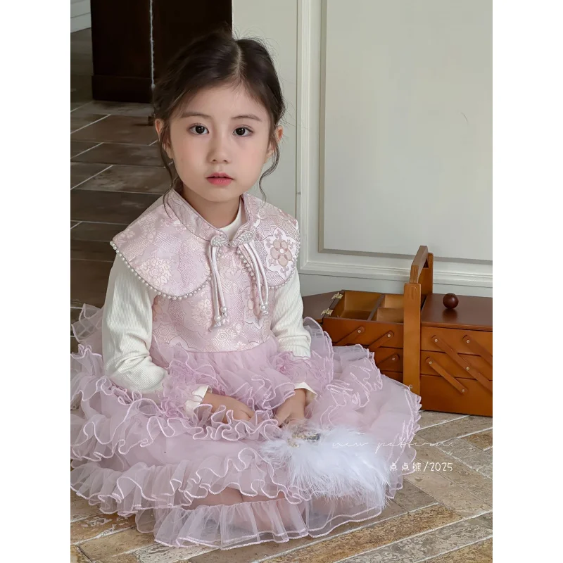 

2025Girls' Spring and Autumn New Sweet Puffy Tulle New Chinese Style Cloud Shoulder Birthday Dress