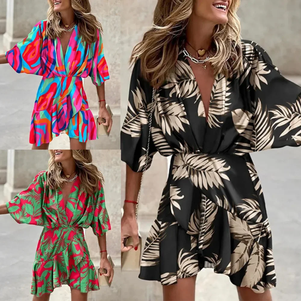 

2024 Spring/Summer New Fashion Elegant Women's Bat Sleeve Pleated V-Neck Hem Irregular Casual Print Design Sense Beach Dress