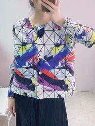 Women's coat Miyake Pleated Fashion O-neck long sleeve geometric print single breasted short jacket