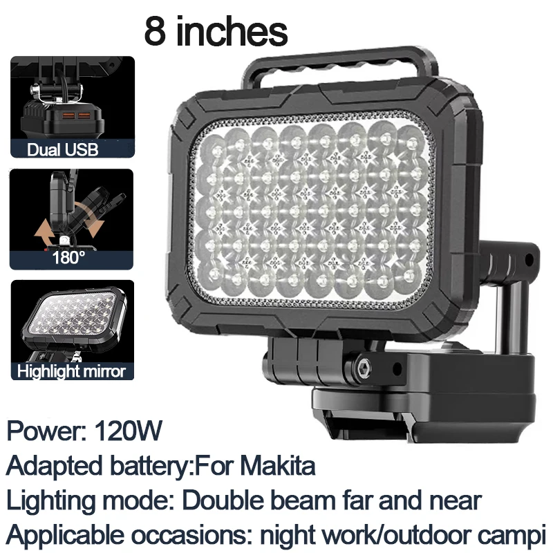 8IN 7200LM 120W Luce da lavoro 18V per Makita Torcia a batteria Faretto LED portatile Proiettore con doppia porta di ricarica USB