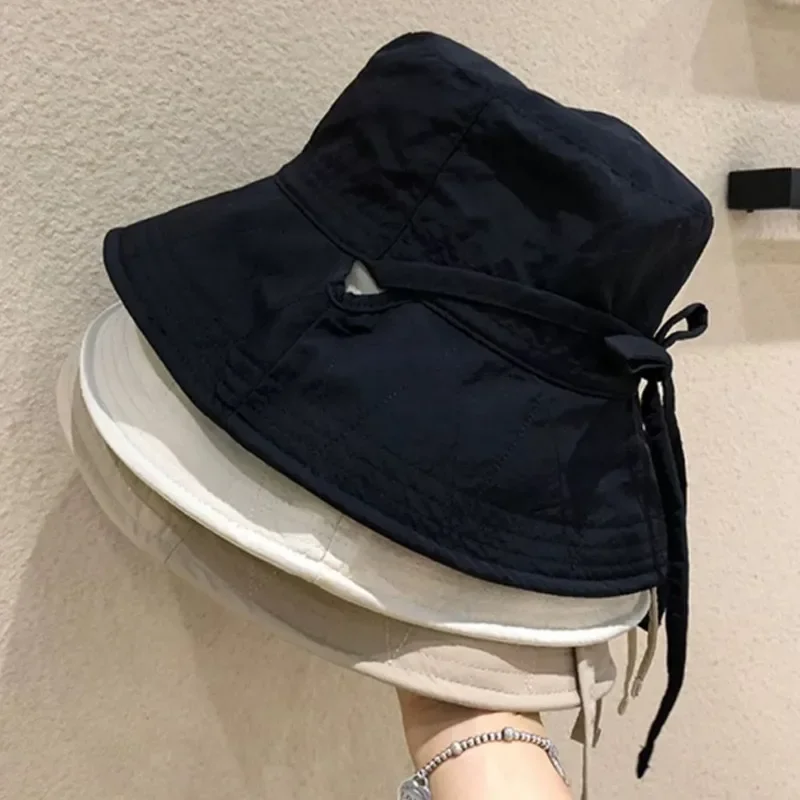 Ins Summer Drawstring Fisherman Hat Solid Color Simple Cotton Bucket Cap Fashionable Japanese Girl Outdoor Sun Hats Sunshade