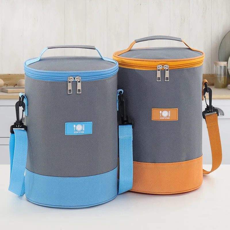 Oxford Cloth Bento Bag Student Lunch Box Tote Bag Round Thickened Aluminum Foil Outdoor Thermal Insulation Cylinder Meal Bag