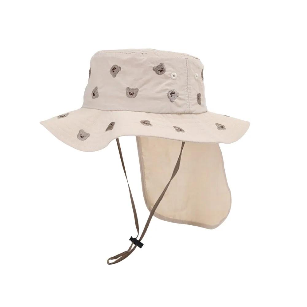 

Casual Kawaii Children Panama Cap Cartoon Embroidery Neck Protection Baby Sun Hat Fashion Quick-dry Broad Brim Bucket Hat Beach