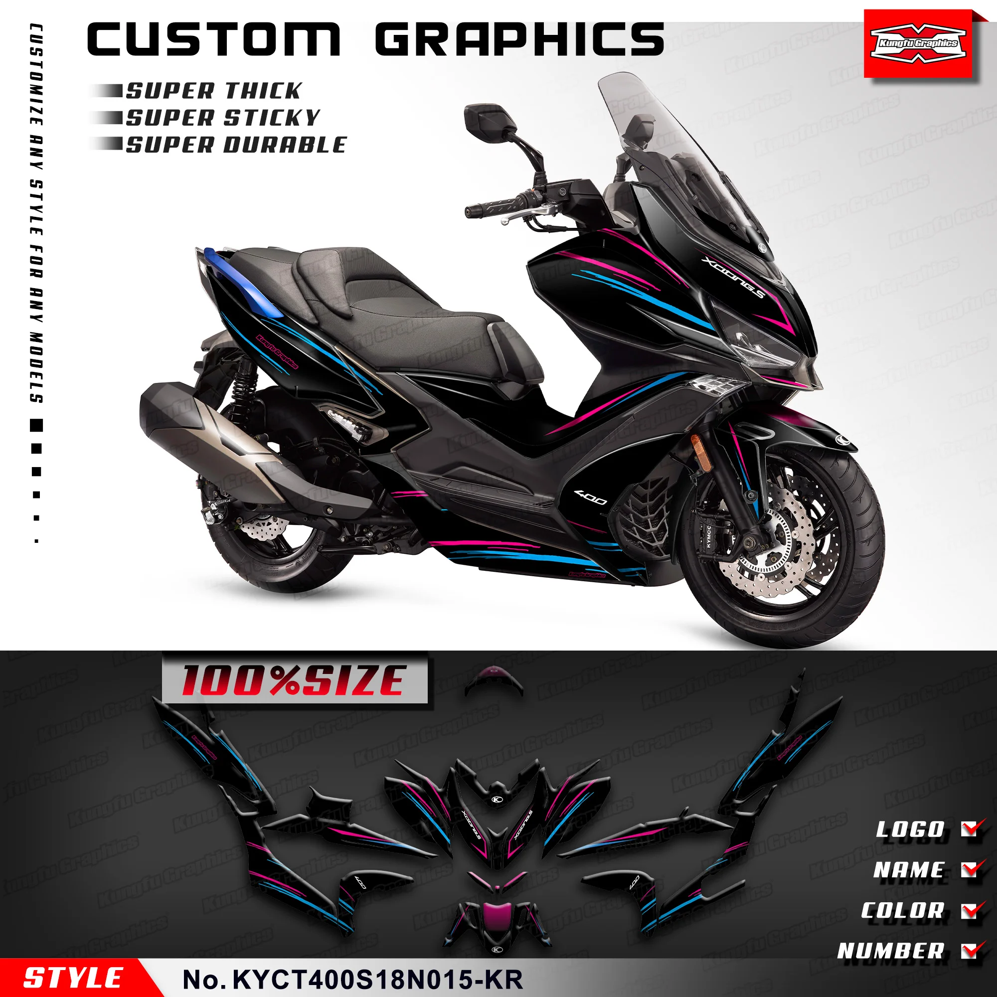 

KUNGFU GRAPHICS Custom Stickers Set Motorcycle Decals for KYMCO XCITING S 400 S400 2018 2019 2020 Scooter, KYCT400S18N015-KR