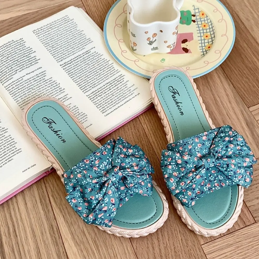 Casual Bohemia Style Beach Slippers Women PVC Open Toe Floral Flat Slippers Bowknot Anti-Slip Slides Sandals Home