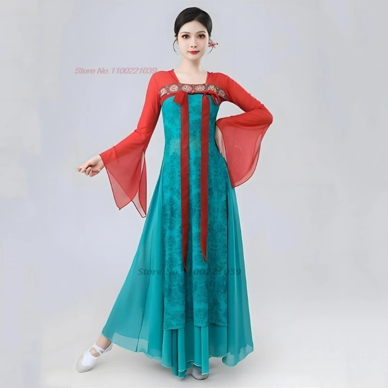 

2025 chinese vintage dance dress traditional flower print ruqun dress+skirt set stage performance folk dance cosplay costume