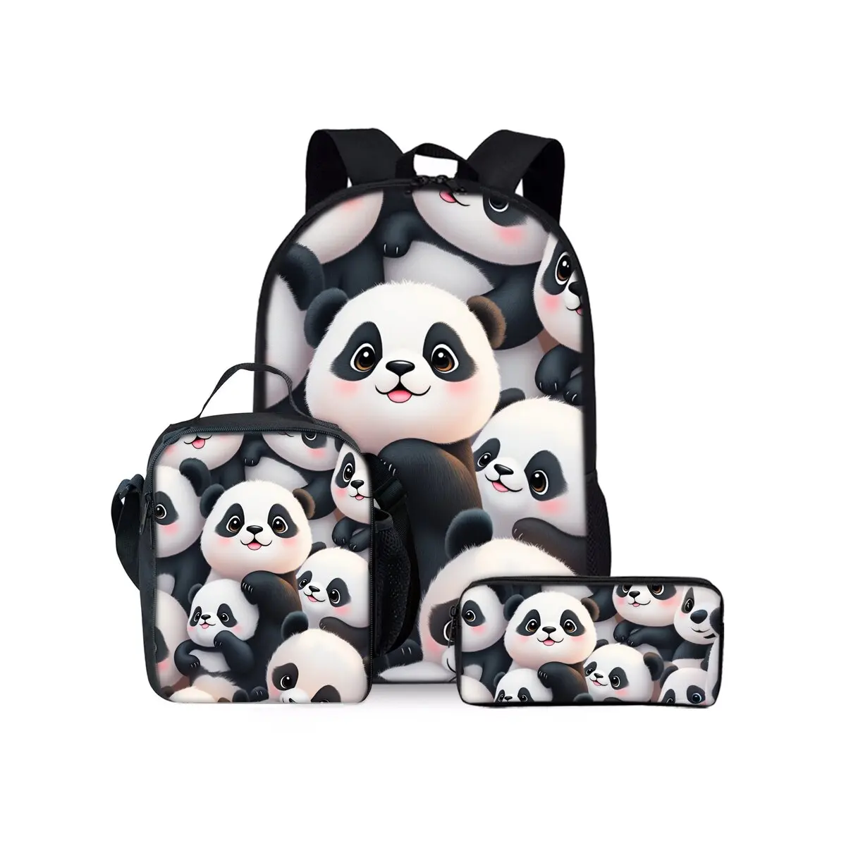 Panda Print Three Piece Backpacks Set for Boy and Girls Best Gifts 2D Flat Cartoon School Bag for Children