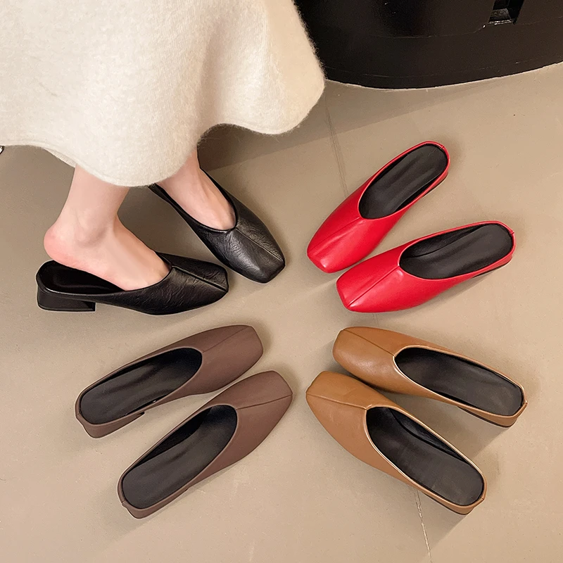 

Summer Genuine Baotou Flattie Slipper Loafers Ladies Leather Shallow Daily Shoes Woman Casual Square Head Flattie Slipper