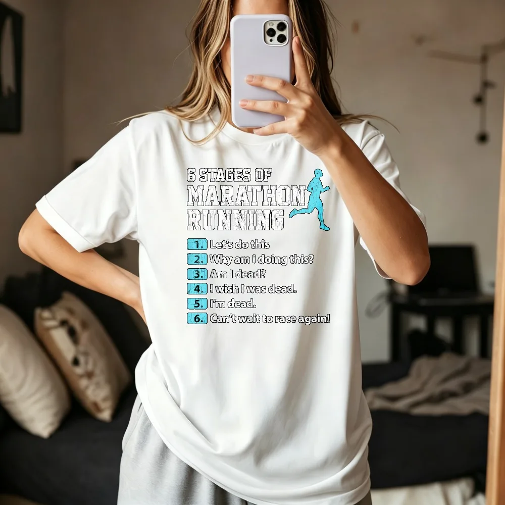 6 Stages of Marathon Running Funny Runner Graphic T-Shirt Hip Hop Punk Hipster Casual Fashion Man Women Tshirt Short Sleeve Tees