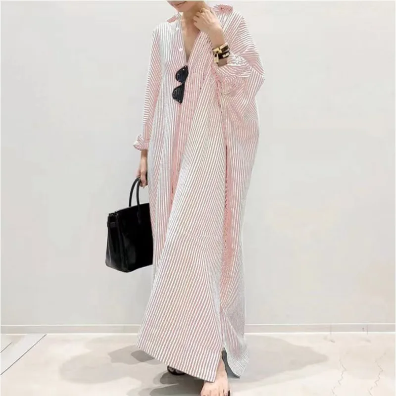 Spring Summer Dress Cotton Striped Shirt Dress Women Large Size Muslim Robe Long Sleeve Irregular Long Vestidos S-5XL Lady Robe