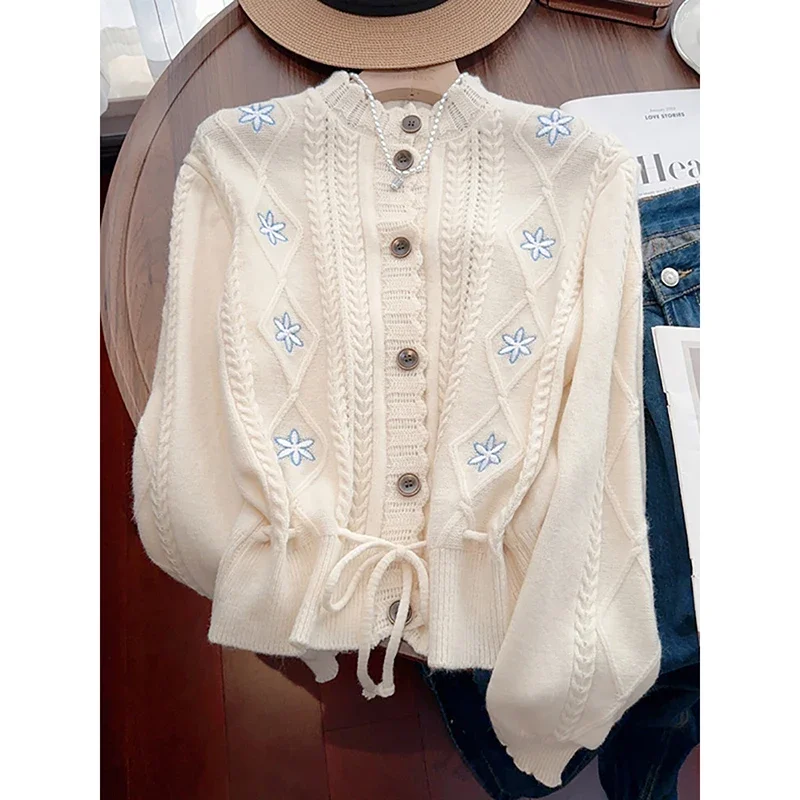 Sweet Stand Collar Cardigan Fall Winter Women Elegant Flower Embroidery Knitted Sweater Hollow Out Lace Up Female White Coat Top