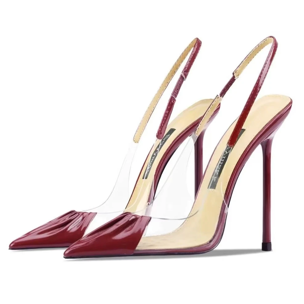 

Crinkled Transparent Backless Wine Red High Thin Heels Sandals New Style Pointed Toe Shallow Opening Single Shoes For Women