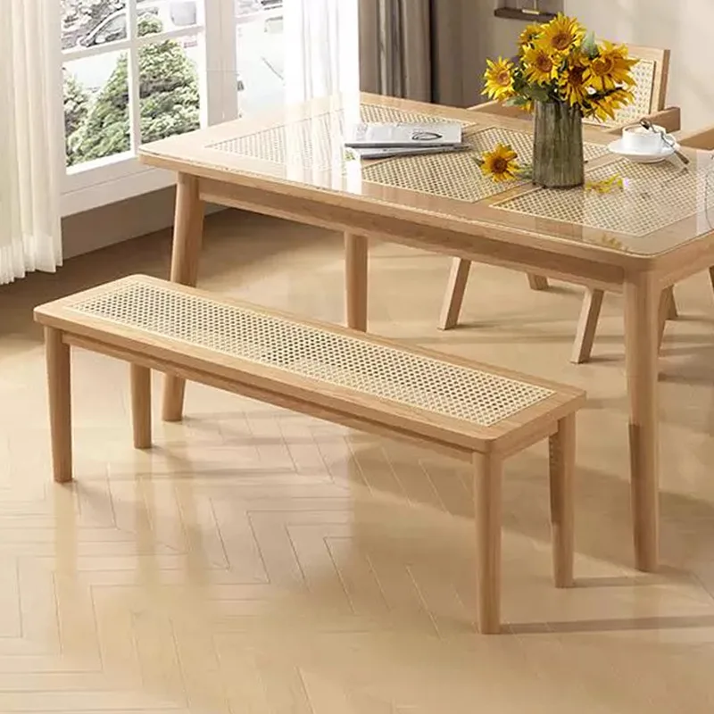 Long bench, solid wood rattan bench, home dining room rectangle, vintage style bedroom foot-end couch, shoe-changing bench