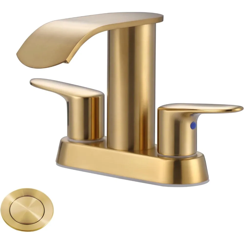 

Gold 2-Handle Waterfall Bathroom Sink Faucet, 2/3-Hole Basin Mixer with Metal Pop-Up Drain & Deck Plate