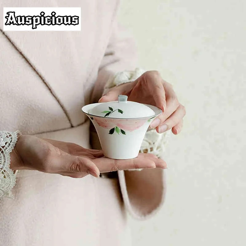 

130ml Pure Hand-painted Longevity Peach Gaiwan Handmade Tea Tureen Powder Yin Tea Maker Horseshoe Cover Bowl Tea Services Gift