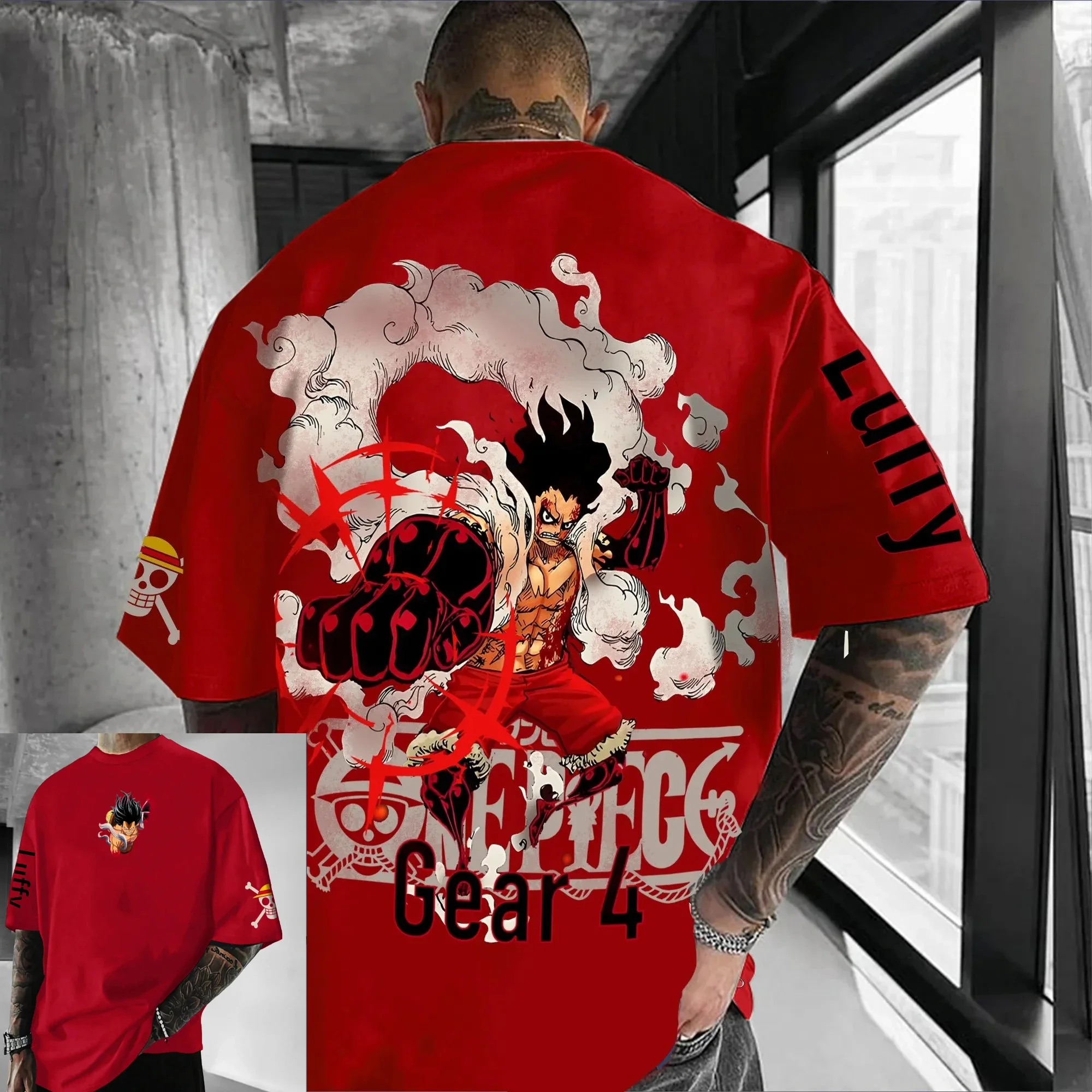 ONE PIECE Luffy T-Shirt Men's Black Graphic Tee Anime Blue Lightning Print Cotton Oversized Streetwear Anime Cosplay