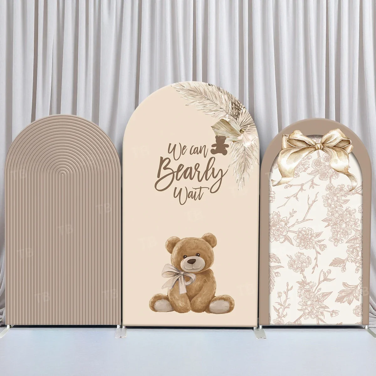 VIKAMA Bear Baby Shower Arch Backdrop We Can Bearly Wait Brown Stripes Photography Arched Background Elastic Party Decorations