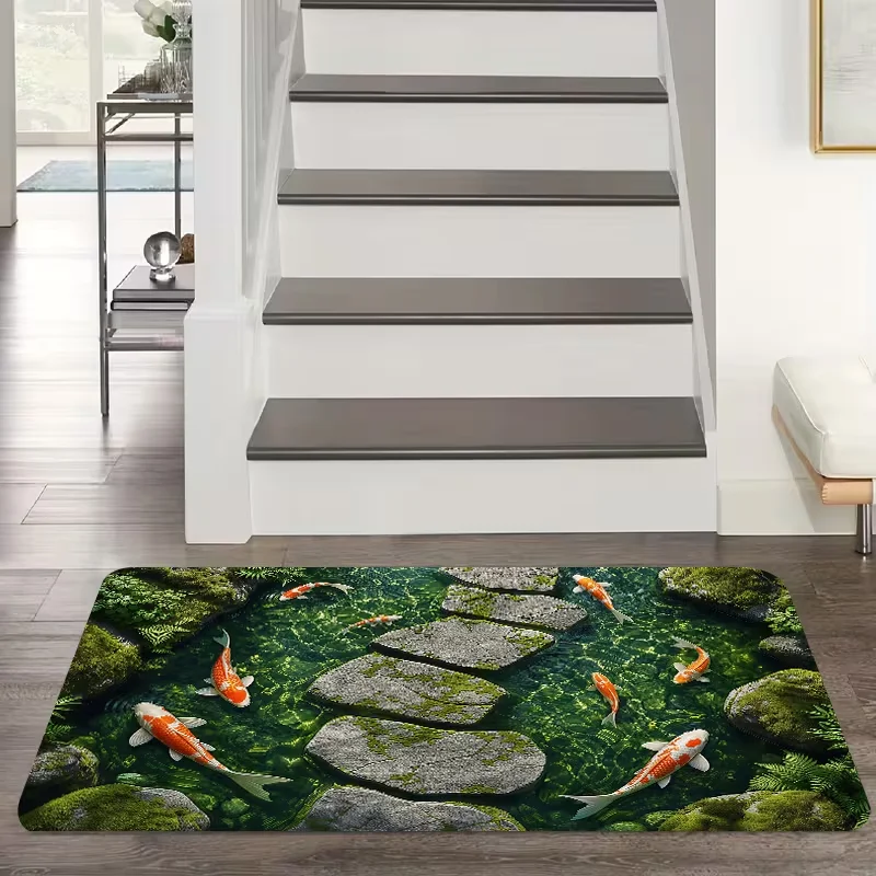 Rectangle 2D Koi Fish Moss Pond Illusion Doormat Non Slip Entry Mat Indoor Household Living Room Bedroom Decor Floor Rug