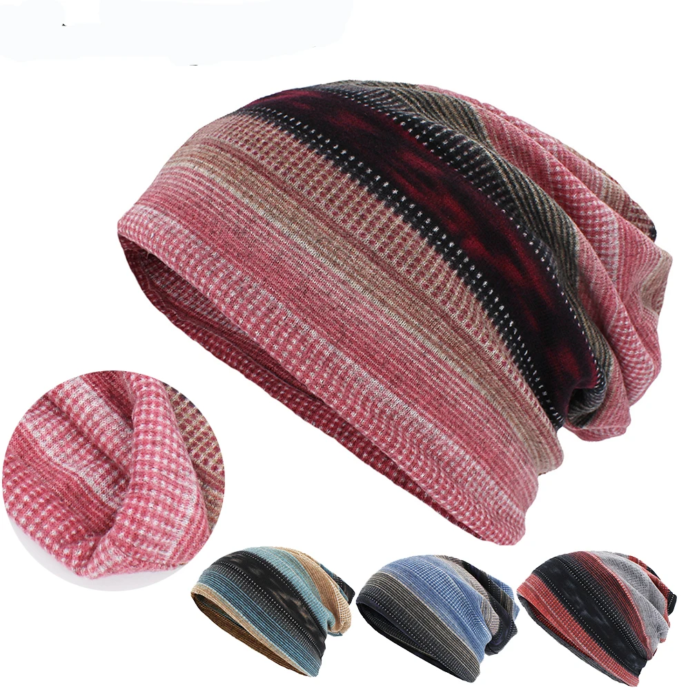Autumn Winter Dual-use Women Hats For Ladies Skullies Beanies Stripe Design Thin Girl Fashion Feminino Scarf HT186