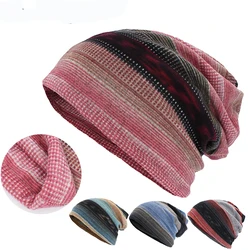Autumn Winter Dual-use Women Hats For Ladies Skullies Beanies Stripe Design Thin Girl Fashion Feminino Scarf HT186