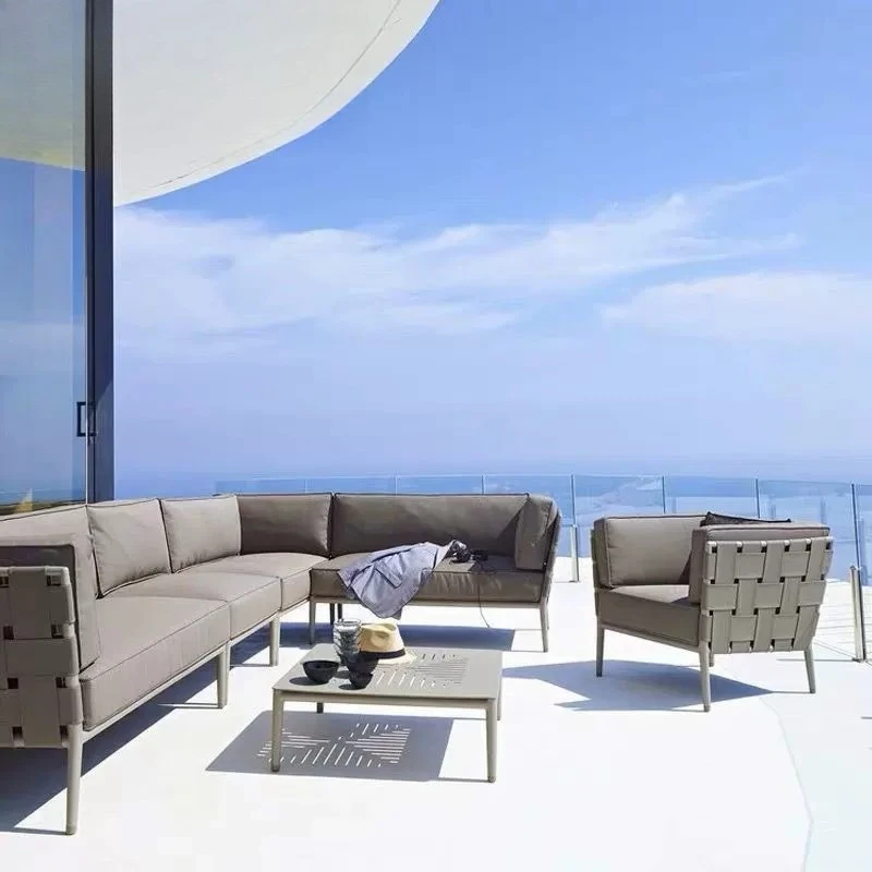 Outdoor sofa coffee table combination, Nordic rattan sofa, balcony, courtyard, outdoor leisure webbing sofa, minimalist furnitur
